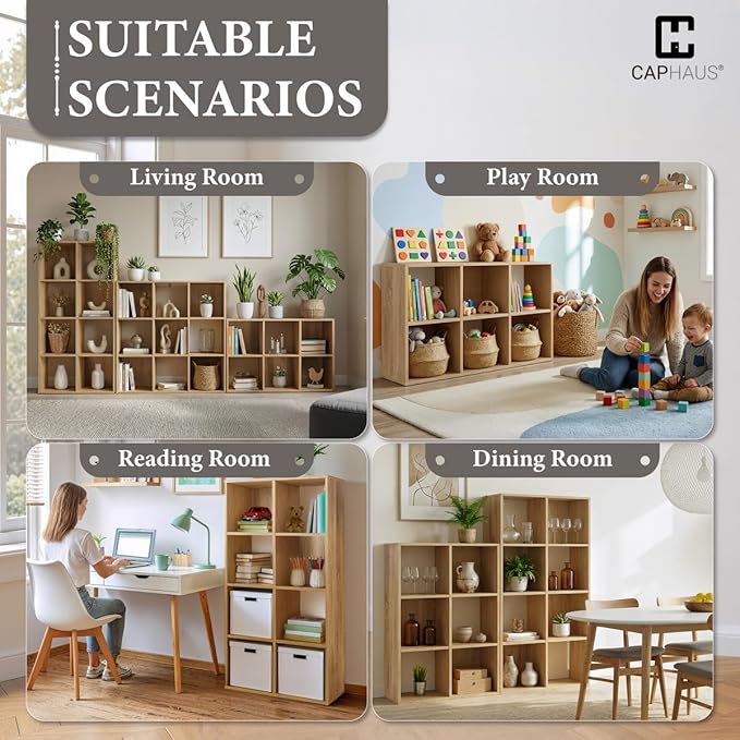 CAPHAUS 11-Inch Cube Storage Organizer Shelf, Home Storage Shelf Divider w/Back, 9-Cube Storage Bookcase, Natural Oak
