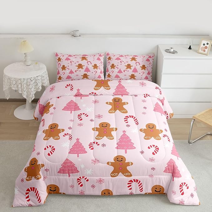 Feelyou Cute Gingerbread Man Comforter Set Pink Christmas Tree Bedding Set with 1 Pillow Cases Candy Cane Kids Toddler Snowflake Room Decor Christmas Duvet Quilt Breathable Soft Lightweight