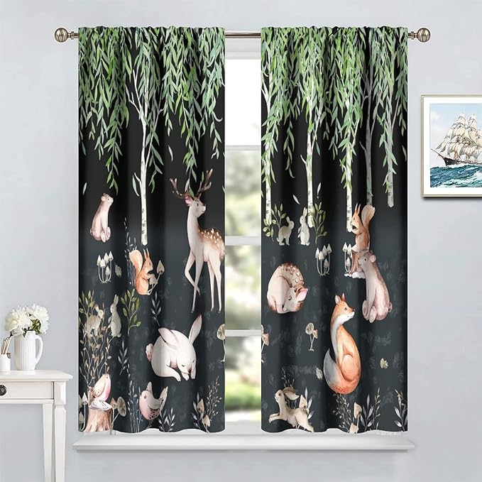 Forest Animal Curtains, Watercolor Cartoon Woodland Plants Animals Bears Moose Mushrooms Printed Curtains for Kids Boys and Girls Bedroom Window Drapes 42x54 Inch