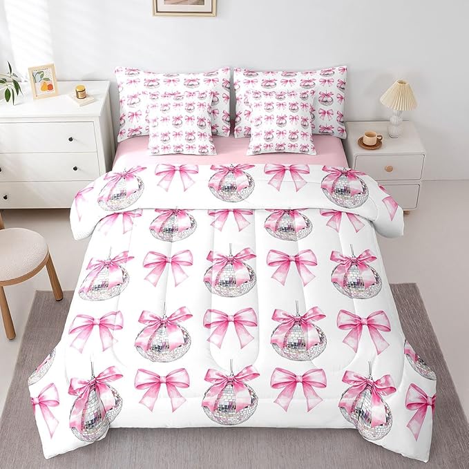 7 Pieces Cartoon Bowknot Kid Comforter Set Twin,Bow Tie Butterfly Knot Princess Bedding Set,Western Cowgirl Disco Ball Retro Pink White（Comforter+Fitted+Flat Sheet+2 Pillowcases+2 Throw Pillow Covers）