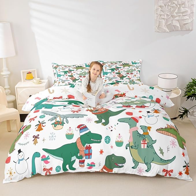 Feelyou Christmas Dinosaur Decorative Comforter Cover Queen Size Cartoon Snowman Duvet Cover Xmas Bow Snowflake Bedding Set Gifts for Kids Boys Girls 2 Pillow Cases