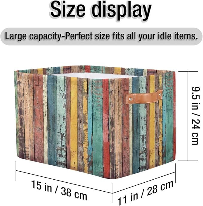 Rustic Wooden Storage Basket for Shelves, Storage Bins with Handles, Collapsible Basket for Organizing, Closet Toy Baskets for Nursery Room, 15x11x9.5 in, Canvas, Rainbow Colored
