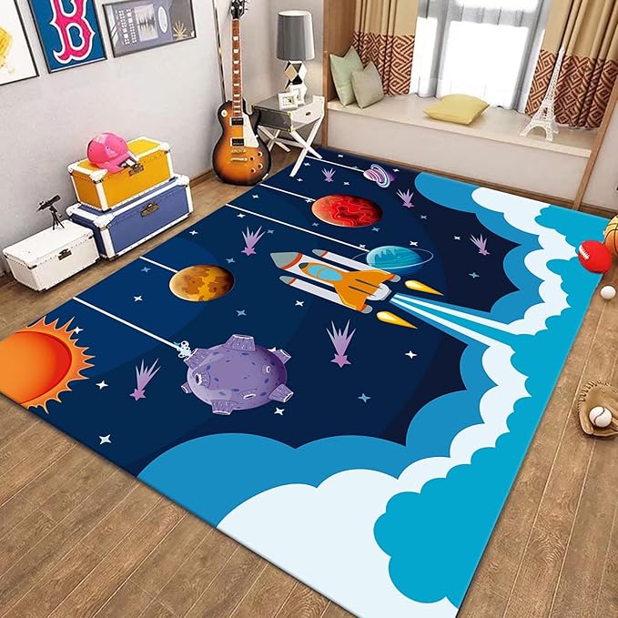 Outer Space Rugs,3x5ft,Kids Playroom Crawling Mat,Machine Washable,Non-Slip Carpet with Cartoon Planets and Rocket Design,Suitable for Kids Bedroom,Classroom,Nursery Decorative Rug