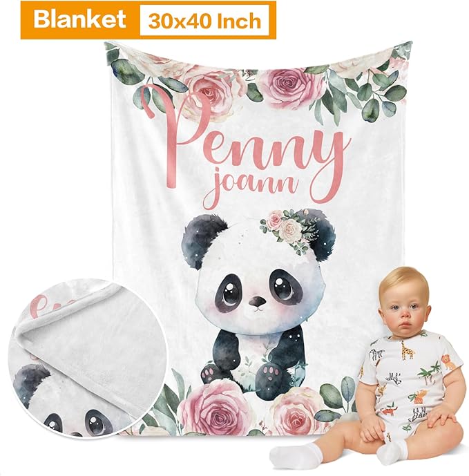 Custom Crib Bedding Set - Panda Design Personalized Name Baby Nursery Bedding 3 Pcs Set - Chic Soft Blanket, Sheet, Pillowcase for Newborns Boys Girls Gifts Color14