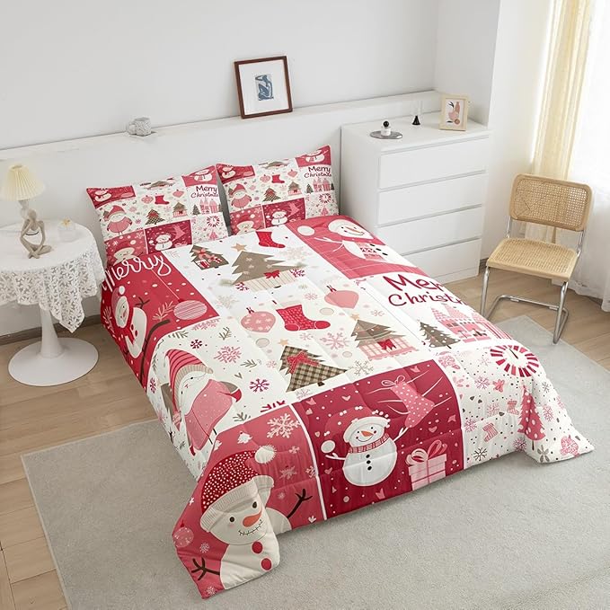 Christmas Tree Comforter Set Queen Size,Merry Christmas Bedding Set for Kids Boys Girls Room Decor,Snowman Christmas Tree Snowflake Duvet Insert 3Pcs,Cartoon Plaid Patchwork Quilt Set,2 Pillowcases