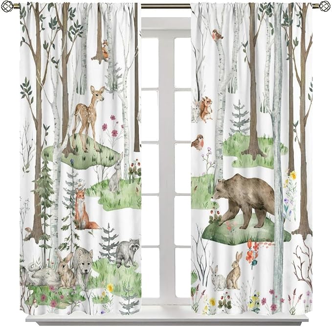 YCness Woodland Animals Curtains, Wild Animals Watercolor Forest Bear Deer Fox Rabbit Floral Nature Window Treatments for Bedroom Kitchen Nursery Living Room Drapes, 42x63 Inch