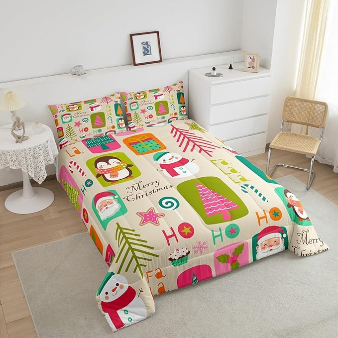 Erosebridal Xmas Decor Quilts Kids Santa Claus Christmas Tree Comforter Set Boys Girls Bedroom, Cartoon Snowflake Bedding Set Cute Snowman Down Comforter Full Size