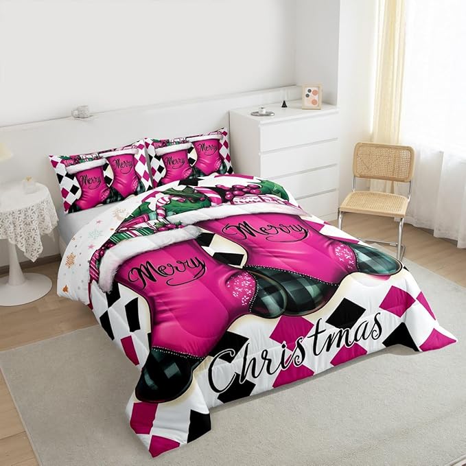 Feelyou Merry Christmas Comforter Set All Season Cartoon Shoes Bedding Set with 2 Pillow Cases Microfiber Kids King Bedclothes Winter Bedroom Decor Duvet Quilt Breathable Soft