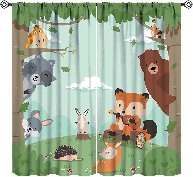 Forest Animals Curtains Colorful Forest Cartoon Cute Fox Bear Giraffe for Kids Boys Girls Nursery Bedroom Living Room Blackout Rod Pocket Decoration Window Drapes 2 Panels W26xL84in