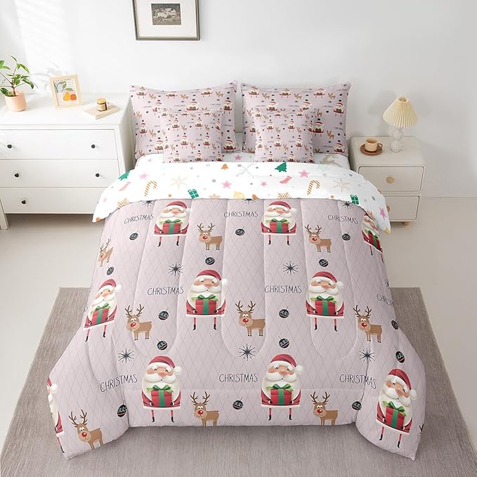 Santa Claus Bed Set Christmas Deer Bed in a Bag for Kids Boys Girls Winter Snowflake Comforter Set with Sheets Merry Christmas Khaki Bedding Set Bedroom Collection Queen Size