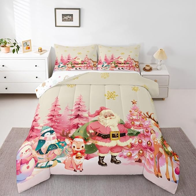 jejeloiu Merry Christmas Comforter Set Twin Size Santa Claus Bedding Set for Kids Boys Girls Cute Deer Duvet Quilt Beige Bedroom Decor