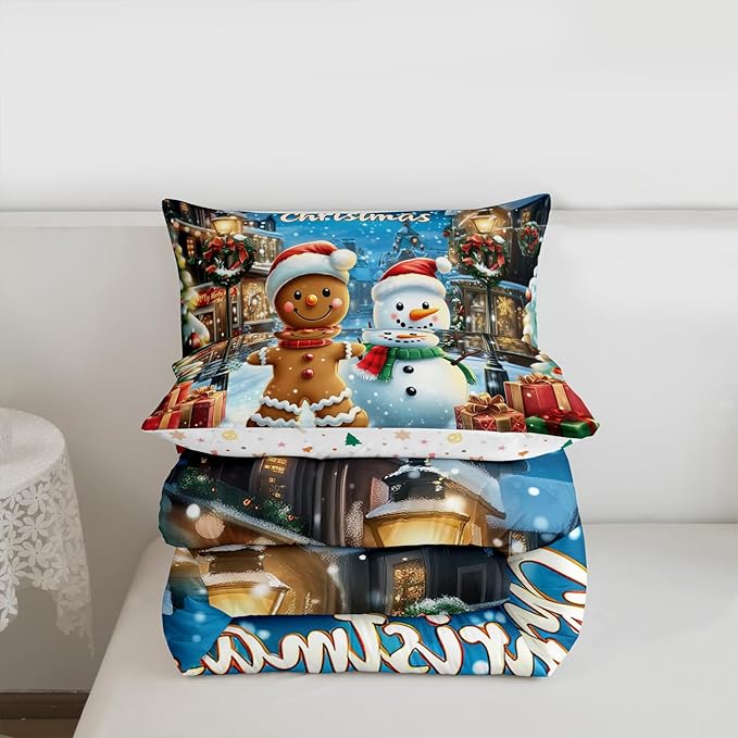 Gingerbread Man Kids Bedding Set King Size,Cute Snowman Merry Christmas Comforter Set,Snowflake Winter Xmas Poinsettia Quilt Comforter,Blue Brown Bedroom Duvet Insert,2 Pillowcases