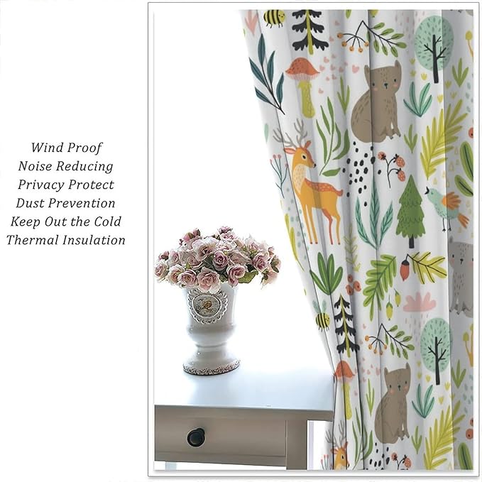 Cartoon Forest Kids Blackout Curtains,Cute Woodland Wild Animals Colorful Deer Plants Trees Print Pattern Thermal Insulation Window Drapes for Nursery Boys Girls Bedroom,White Background 55x63in