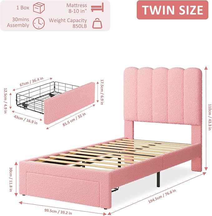 IDEALHOUSE Twin Bed Frame with Storage Drawer and Headboard, Boucle Upholstered Twin Platform Bed Frame for Girls, Strong Wooden Slats Support, Noise-Free, Easy Assembly (Boucle Pink)