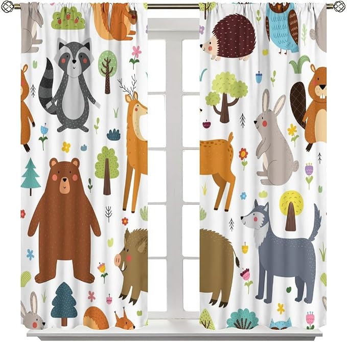 Forest Animals Kids Blackout Curtains Cartoon Cute Bear Deer Squirrel Owl Hedgehog Modern Art Print for Boys Girls Bedroom Living Room Nursery Rod Pocket Decoration Window Drapes 2 Panels W21xL63in