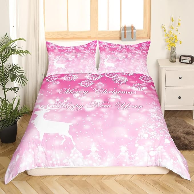 Manfei Christmas Pink Duvet Cover Set Twin Size, Xmas Trees Deer Snowflake Bedding Set 2pcs for Kids Girls, New Year Theme Comforter Cover Soft Polyester Quilt Cover with 1 Pillowcase,No Comforter