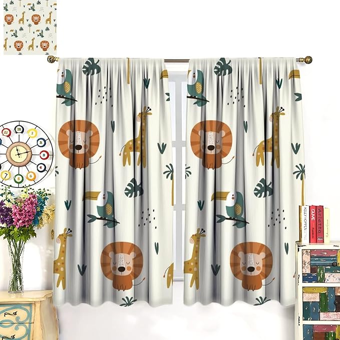 Cute Lion Window Curtains for Kids Bedroom,Cartoon Woodland Jungle Forest Wildlife Little Lion Giraffe Owl Palm Tree Printed Pattern Blackout Drapes for Living Room Baby Nursery Room 42x63in