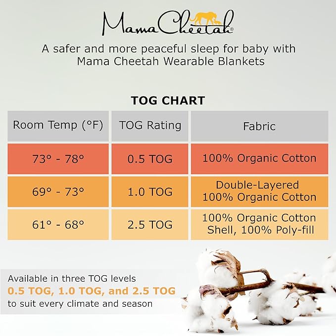 Mama Cheetah Toddler Sleep Sack with Feet 3T-4T, 1.0 TOG Organic Cotton Baby Wearable Blankets with Legs, Baby Sleeping Bag for Walkers, Early Walker Large