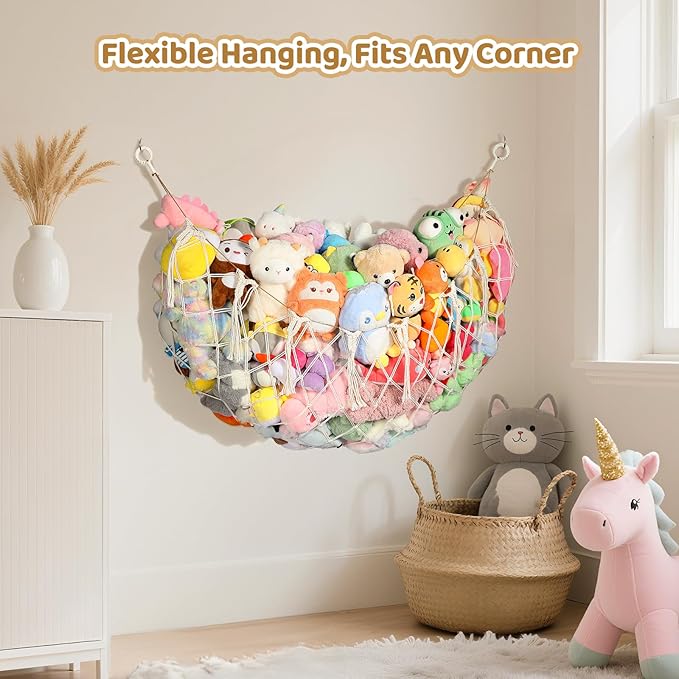 Yecaye 60 IN Stuffed Animal Hammock, Hanging Stuffed Animal Storage with Handmade Macrame Tassels, Net for Stuffed Animals Corner Large for Nursery Living Room Wall Decoration, Cream White