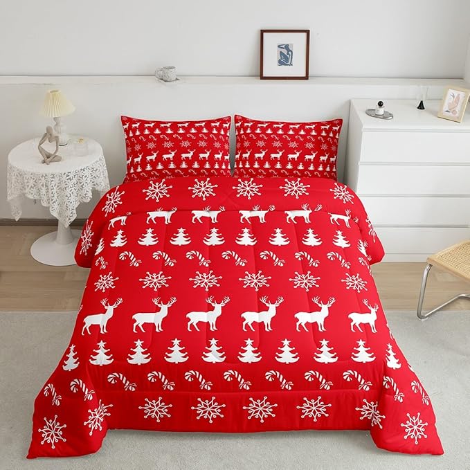 Erosebridal Christmas Queen Bedding Set 7 Piece,Xmas Elk Deer Bed in A Bag,Winter Snowflake Comforter Set Candy Pine Tree Sheet Set with Comforter,Red Christmas Decoration