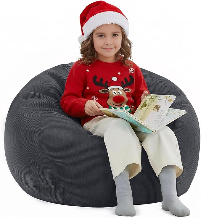 Nobildonna 3 ft Bean Bag Chair Cover (No Filler) 35"×43" Large Stuffed Animal Storage Bean Bag Washable Big Beanbag Chair Cover Premium Corduroy Bean Bag Cover for Adults,Kids,Dark Grey 300L