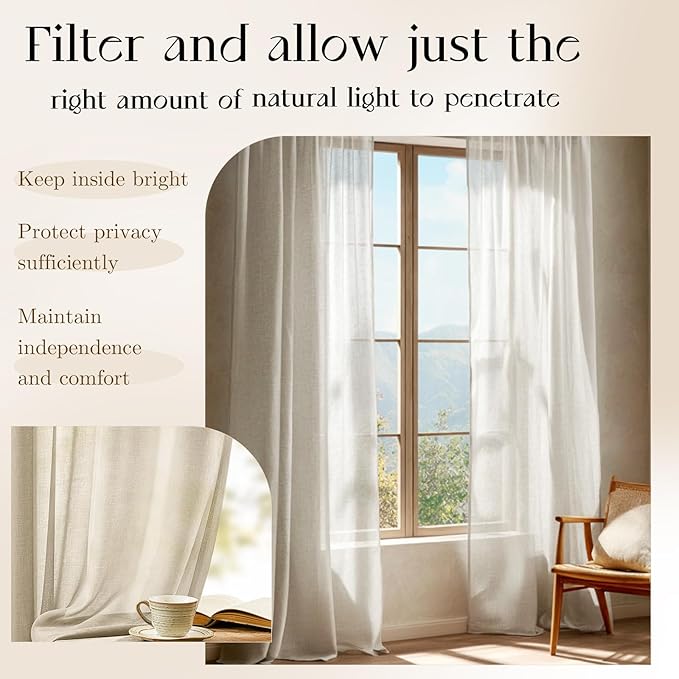 Dreaming Casa Taupe Sheer Curtains 96 Inches Long, Rod Pocket & Back Tab Light Filtering Textured Sheers for Living Room Bedroom, 2 Panels, Each 100" W x 96" L