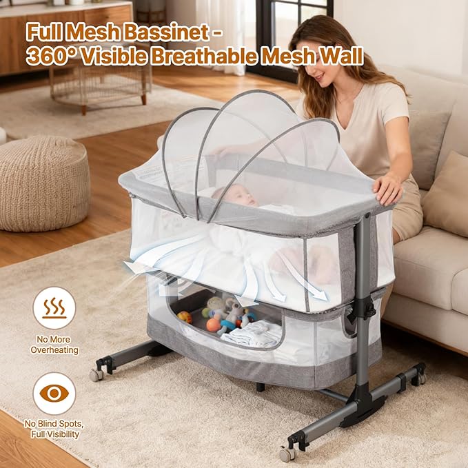 Baby Bassinet Bedside Sleeper, 3-in-1 Bedside Bassinet, 5 Height Adjustable Rocking Baby Crib, Breathable Full Mesh, Mosquito Net, Storage Basket, Stable and Secure Bassinets for Newborn Infant