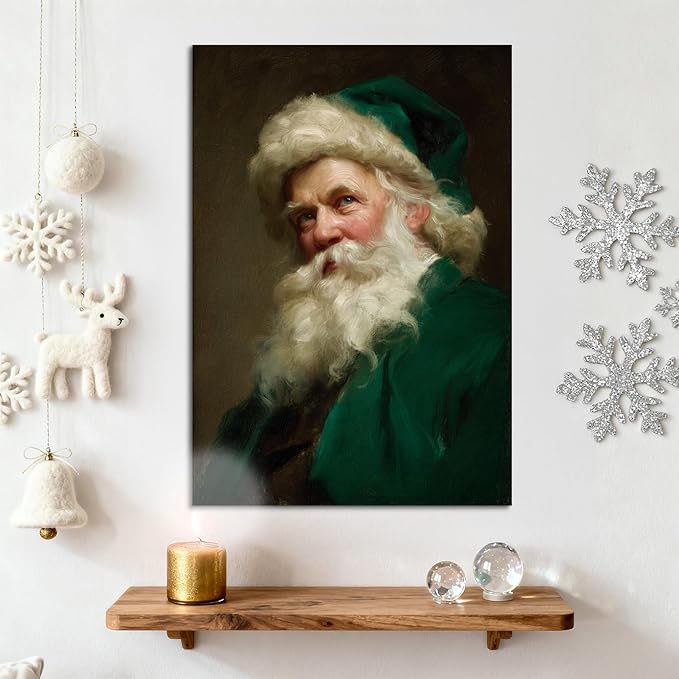 YONICA Christmas Canvas Wall Art Green Santa 24x32 Inch Historical Christmas Figure Art - Large Framed Gallery Wrapped Collectors Edition
