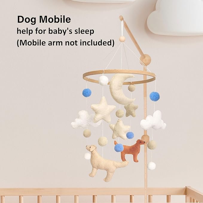 Dog Baby Mobile, Mobile for Crib, Crib Mobile for Boys and Girls, Nursery Mobile for Bassinet, Pack and Play, Dog, Moon, Cloud, Star, Blue Felt Ball