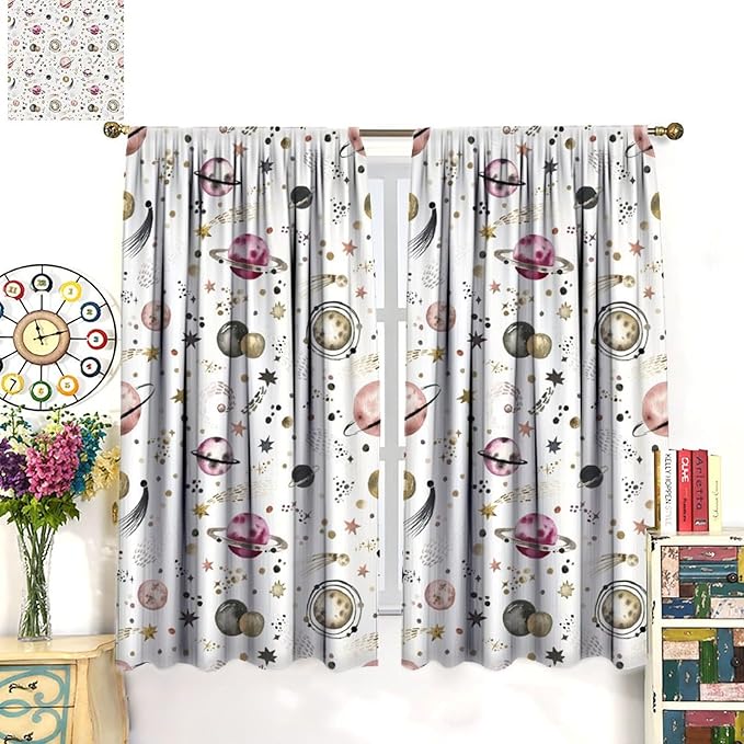 Kids Outer Space Curtains, Cartoon Galaxy Planet Universe Starry Starts Printed Window Drapes for Boys Girls Teens Bedroom Nursery 42" W X 45" L