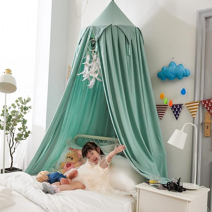 Bed Canopy for Girls, Kids Bed Curtain Bed Room Decor Hanging House Castle Reading Nook Dream Tent Full Queen Size(Green)