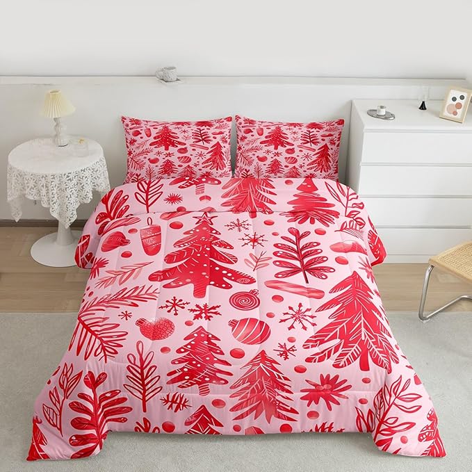 Feelyou Christmas Kids Comforter Set Full Size Snowflake Candy Bedding Set Xmas Tree Duvet Quilt for Kids Boys Girls Bedroom Pine Tree Decor Microfiber Ultra Soft Breathable