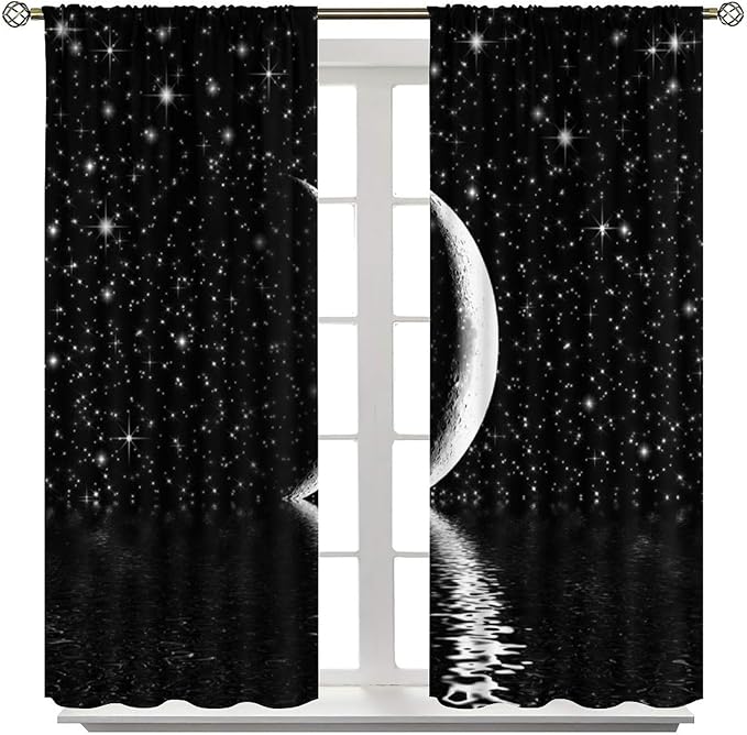 Night Starry Sky Curtain, Black Moon Phase Cloud Stars White New Moon Sparkly Shiny Galaxy Space Lake Fantasy Window Curtains for Kids Boys Girls Room Bedroom Living Room Decor 42" W X 45" L