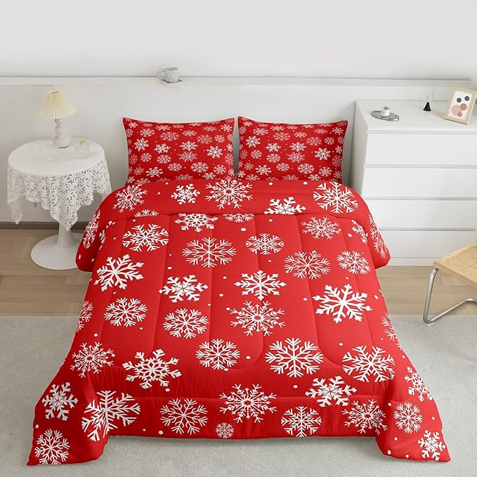 Feelyou Christmas Comforter Set All Season Winter Snowflake Bedding Set with 2 Pillow Cases Xmas Festival Microfiber Kids Queen Bedclothes Snowflake Red Bedroom Decor Duvet Quilt Breathable Soft