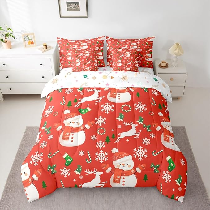 Red Christmas Comforter Set With Sheets 7 Piece Queen Size Cartoon Deer Snowman Bed in a Bag Kids Boys Girls New Year Red Bedding Set Reversible Xmas Decor Bedroom Decor Breathable Soft Lightweight