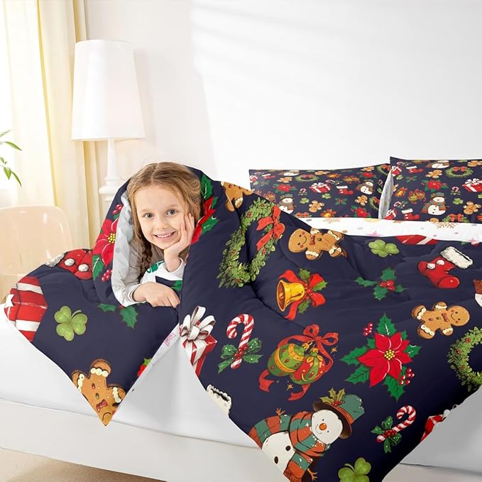 jejeloiu Merry Christmas Comforter Set Queen Size Cute Snowman Bedding Set for Kids Boys Girls Gingerbread Man Duvet Quilt Dark Blue Bedroom Decor