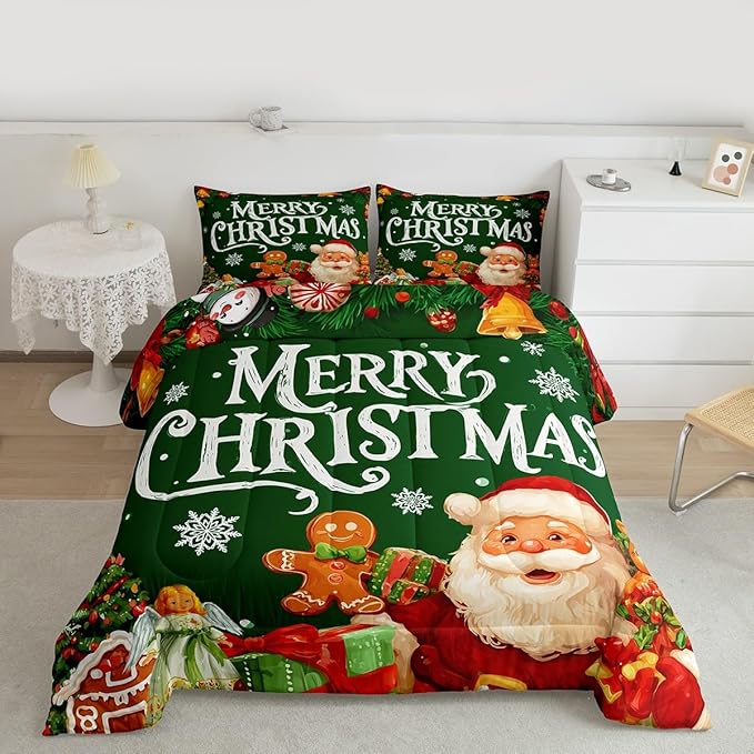 Feelyou Green Christmas Comforter Set All Season Santa Claus Bedding Set with 1 Pillow Cases Gingerbread Microfiber Kids Toddler Bedclothes Bedroom Decor Duvet Quilt Breathable Soft
