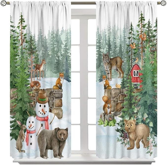 Woodland Animal Curtains, Watercolor Squirrel Hare Bear Bird Pattern Blackout Window Treatments, Rod Pocket Thermal Insulated Drapes 2 Panel Sets for Kids Bedroom Nursery Classroom, 63" W X 72" L