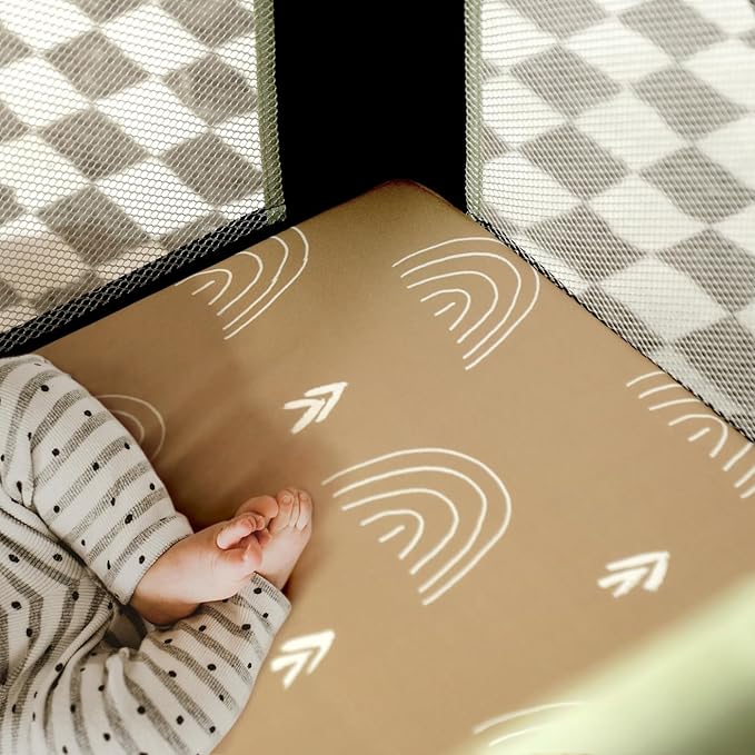 Stretchy Ultra Soft Jersey Knit Pack and Play Sheets Set 3 Pack, Portable/Mini Crib Sheets Universal Fit for Pack N Plays Safe and Snug, Cute Jungle Bear/Rainbow for Baby