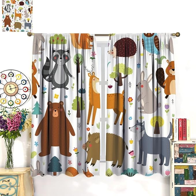 Forest Animals Kids Blackout Curtains Cartoon Cute Bear Deer Squirrel Owl Hedgehog Modern Art Print for Boys Girls Bedroom Living Room Nursery Rod Pocket Decoration Window Drapes 2 Panels W31.5xL63in