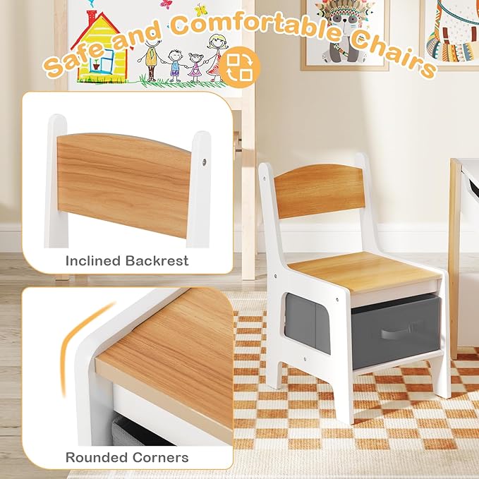 HONEY JOY Kids Table and Chairs, 4-in-1 Children Wooden Activity Set w/Double Bookshelves, Storage, Detachable Tabletop, for Art, Craft, Drawing, Reading, Gift for Toddlers 3-6 Years Old (Natural)