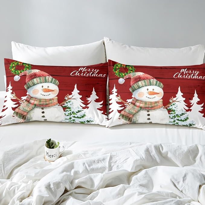 Merry Christmas Duvet Cover Set Full Size, Cute Snowman and Xmas Tree Print Comforter Cover with 2 Pillowcases, Red Wooden Stripe Print Bedding Set 3pcs for Kids Girls Bedroom Decor,No Comforter