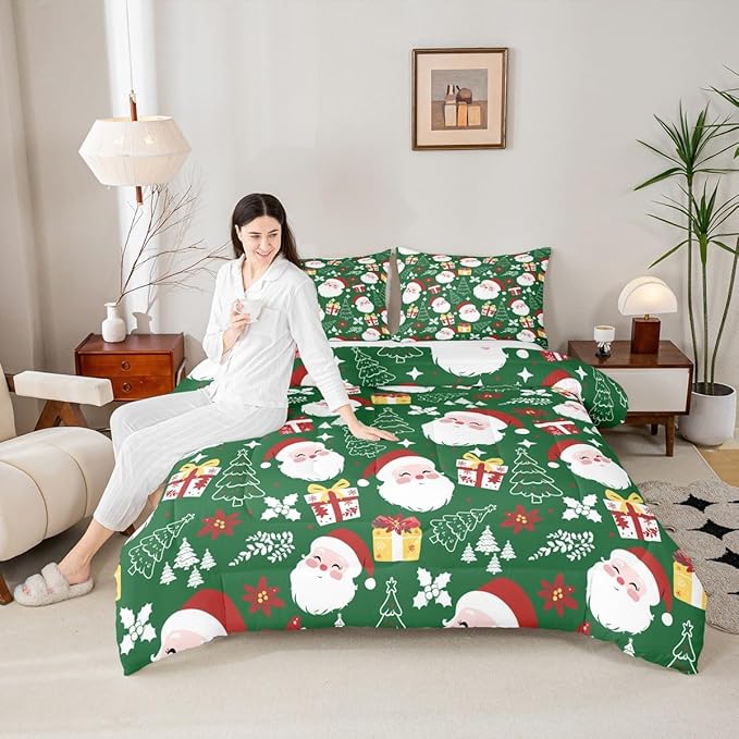 jejeloiu Santa Claus Comforter Set Queen Size Merry Christmas Bedding Set for Kids Boys Girls Xmas Themed Duvet Quilt Green Bedroom Decor