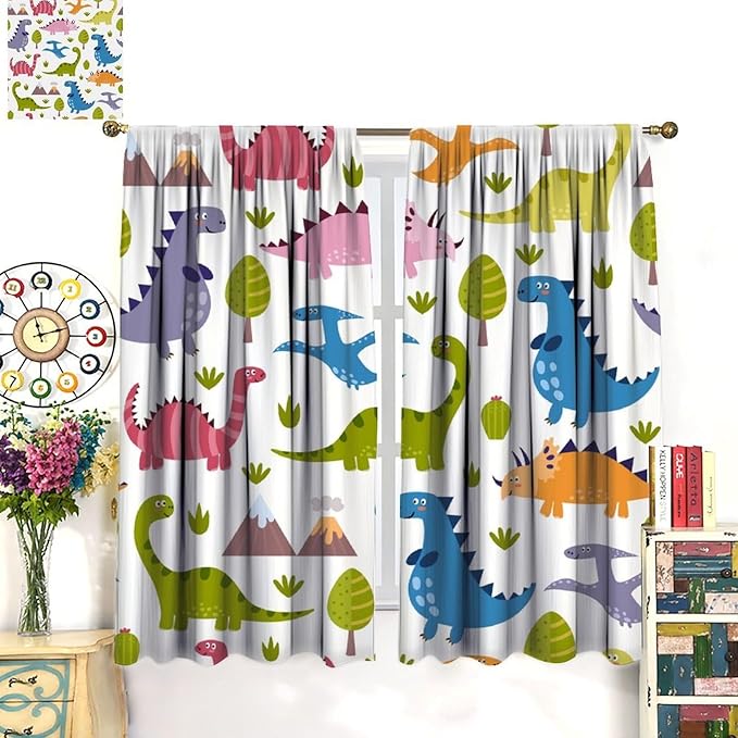 Dino Curtains, Cartoon Style Colorful Dinosaurs Pattern Blackout Window Treatments, Rod Pocket Thermal Insulated Drapes 2 Panel Sets for Kids Bedroom Nursery Classroom, 63" W X 72" L