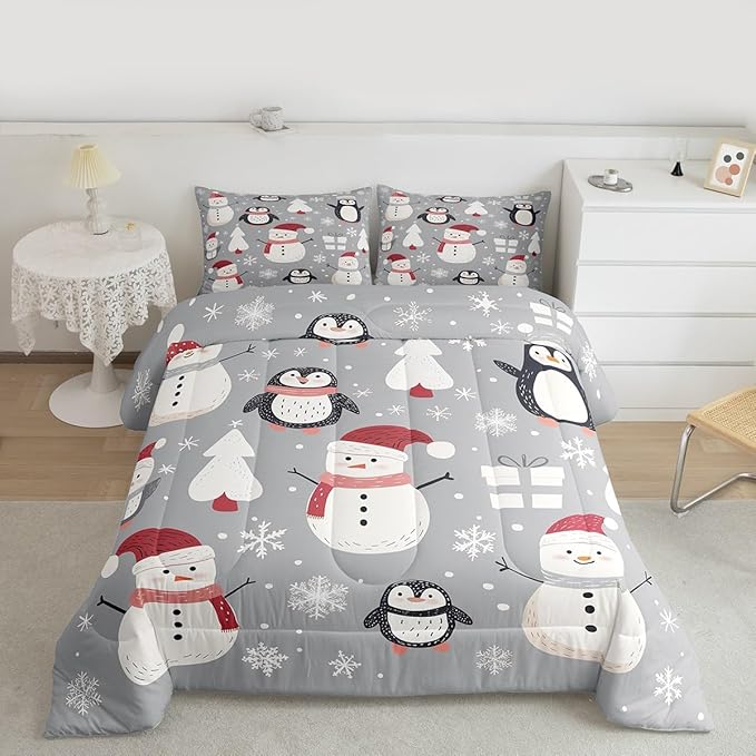 Feelyou Christmas Comforter Set Toddler Size Snowman Snowflake Bedding Set for Kids Boys Girls Penguin Duvet Quilt New Year Gift Bedroom Decor Microfiber 2 Pcs with 1 Pillow Cases