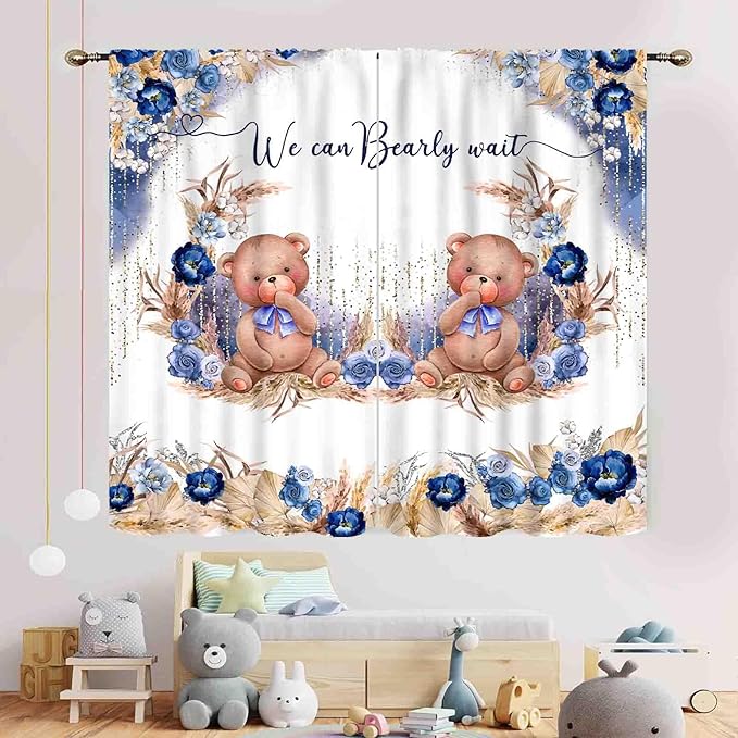 Bear Curtains for Kids Room, Baby Boys Girls Cute Lovely Bear Watercolor Floral Blue Window Drapery Treatments for Living Room Bedroom Nursey Toddler Classroom 2 Panels, 42"x63" Inch
