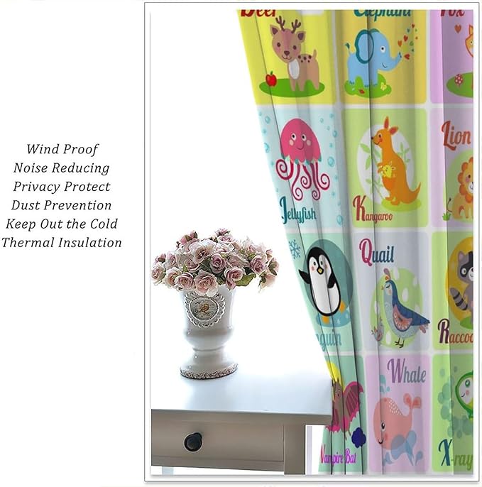 Kids Alphabet Letter Curtains Funny Education School Cute Cartoon Animal Printed Curtain with Rod Pocket for Bedroom Living Room Home Drapes Window Treatments 2 Panels Set 42" W X 54" L