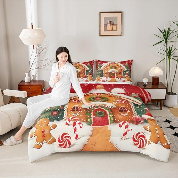 jejeloiu Kids Christmas Theme Comforter Set Full Size Xmas Tree Gingerbread Man Bedding Set for Boys Girls Teens Candy Cane House Winter Happy New Year Duvet Quilt Room Decor