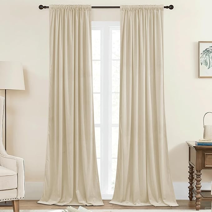 StangH Nursery Curtains Soft Beige Velvet Privacy Drapes Back Tab Light Dimming Heat Resistant Window Treatment for Bedroom Dining Room Closet Office, W42 x L96, 2 Panels