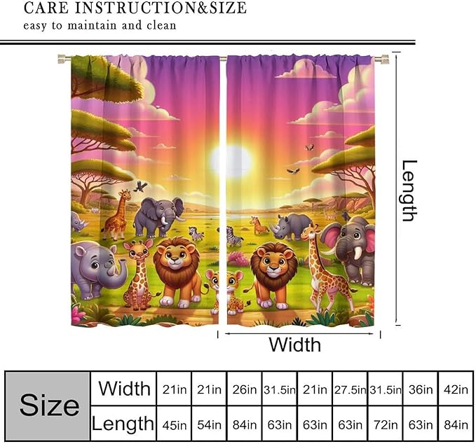 West Animal Curtains Kids Boys Girls Window Treatment Africa Cartoon Animals Lion Elephant Giraffe for Nursery Baby Bedroom Playroom Decor Window Drapes 42" W X 45" L
